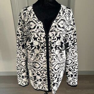Chicos 100% Cotton Zip Up Cardigan Sweater Womens 2 US L Black White Abstract